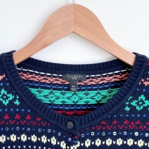 Talbots Fair Isle Colorful Knit Holiday Sequin Sweater Cardigan - Picture 6 of 8